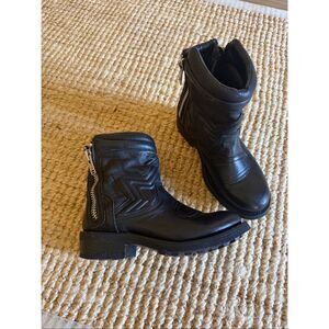 ASH Black Leather Moto Boots Size 37 Women Biker Ankle Zip Chunky Sole